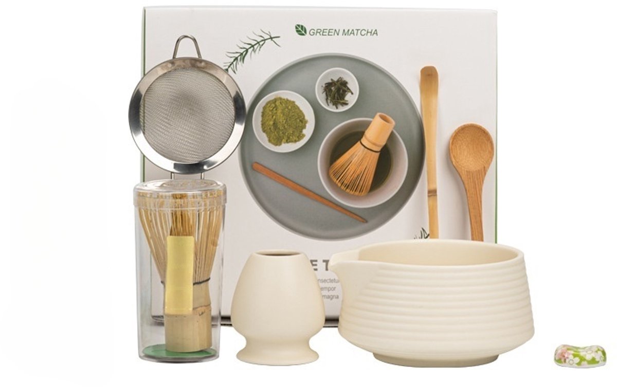 7-delige Matcha Set – Bamboe Matcha Bezem, Matcha Kom Met Gietmond, Matcha Bezemhouder, Lepel, Zeef En Houder – Japanse Matcha Accessoires Voor Theeliefhebbers, Mat Wit