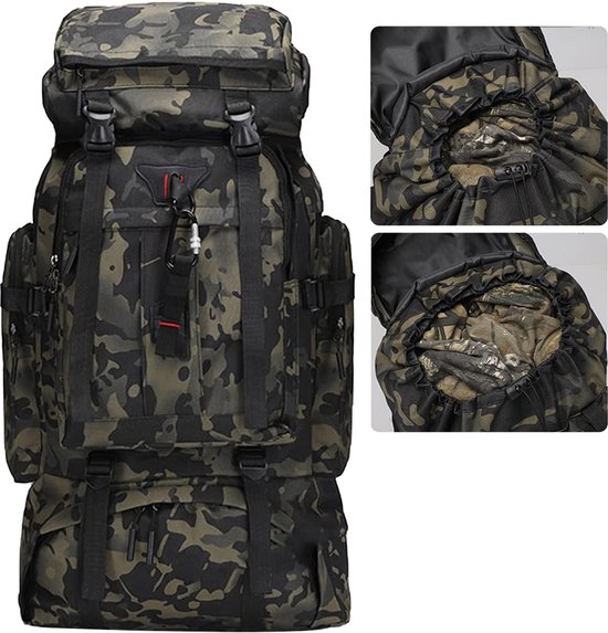 Sac à dos camouflage avec deux compartiments ouverts sur le dessus, révélant l'intérieur.
