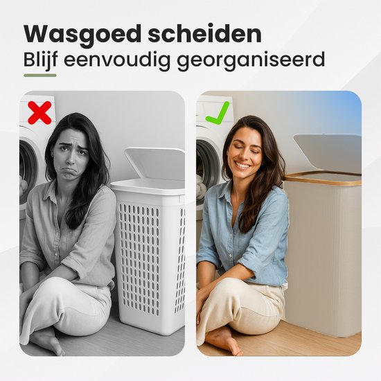 Vrolijke vrouw naast een beige wasmand, in tegenstelling tot een sombere vrouw bij een witte mand
