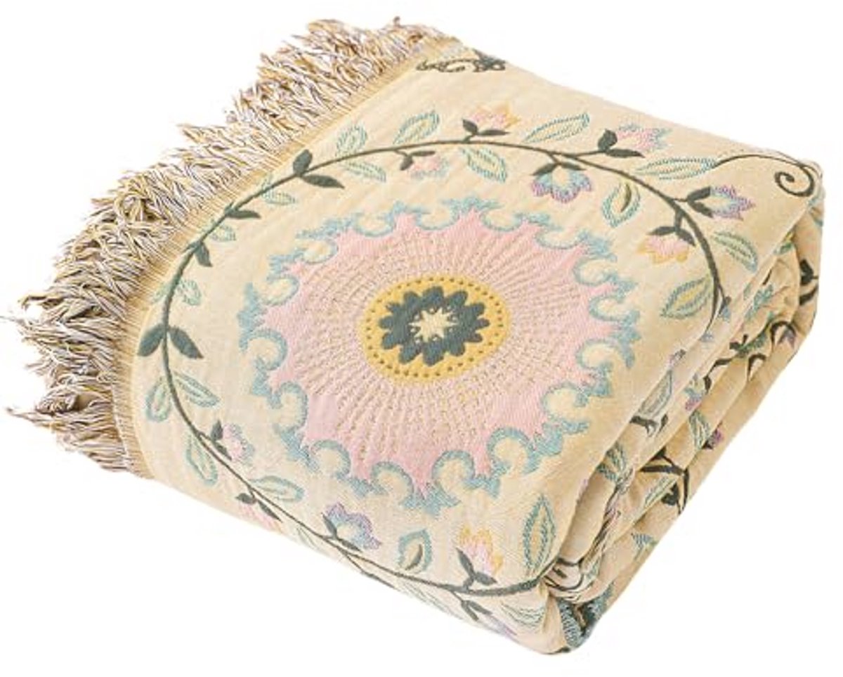 Dubbelzijdige Boheemse Plaid - 100% Biologisch Katoenen Handgeweven Bank- en Bedsprei - 200 x 230 cm, Goudsbloemgroen