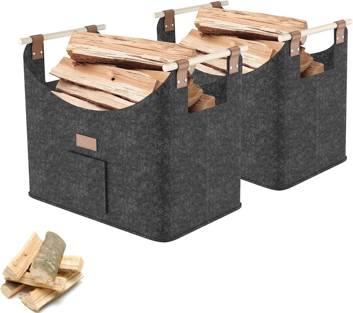 2-delige brandhoutmand - Houten mand voor haardhout - Duurzaam en veelzijdig - Tot 40 kg - 50 x 32 x 40 cm - Donkergrijs