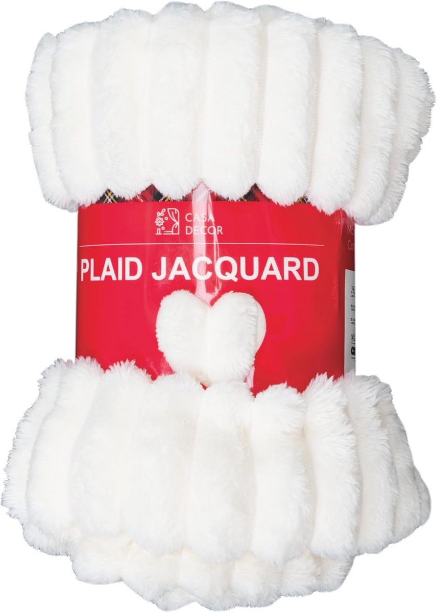 Zachte jacquard plaid - fleece deken 150 x 200 cm - warme plaids voor bank en eenpersoonsbed - machinewasbaar crèmewit