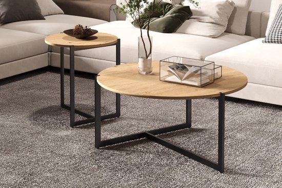 Set de table basse Pola | Ø80 x 40 cm ; Ø45 x 50 cm | Design Old Oak - Rousseau - Tables basses rondes - Brun - MDF - Tables basses rondes