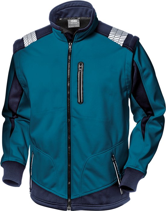 Blauwe softshell werkjas met donkerblauwe accenten, reflecterende details op de schouders en ritsen.
