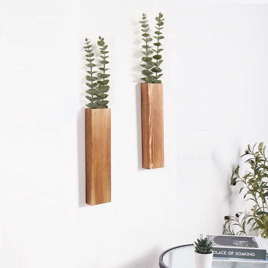 Dahey 2 stuks houten muur plantenbak vaas met kunstmatige eucalyptus boerderij muur opknoping decor zak plantenbak voor binnen nepplanten groen bloemen, woonkamer slaapkamer keuken thuiskantoor