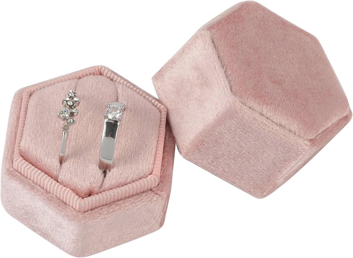 Hexagonale Ringdoos voor Trouwerij en Verloving - Met Afneembaar Deksel en 2 Vakjes - Roze