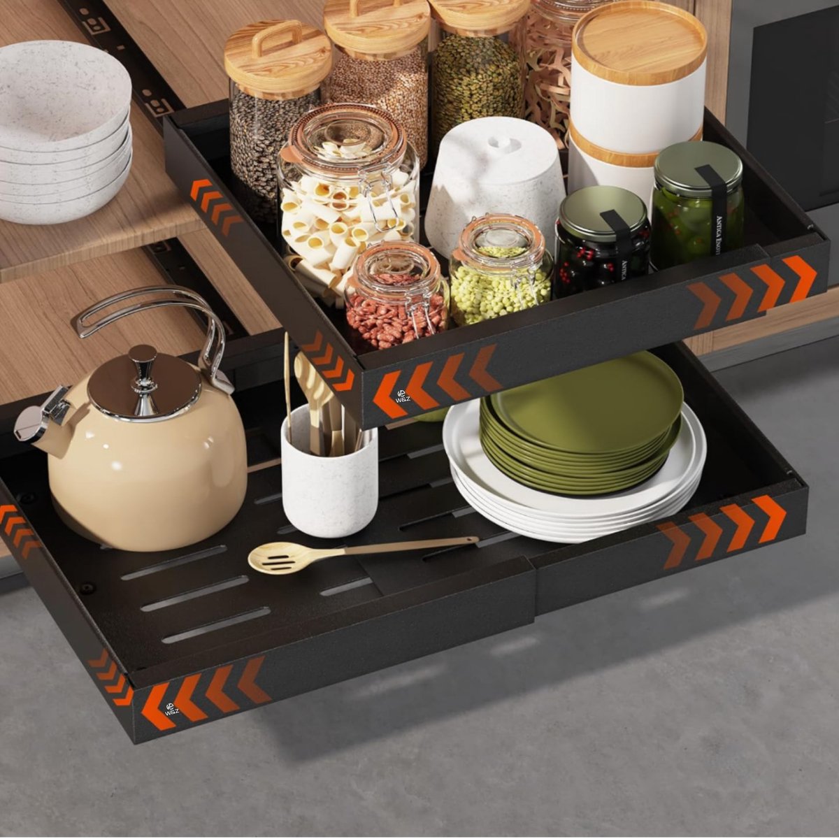 W&Z Schuiflade keukenkast 2 stuks– Keukenkast Organizer – Gootsteenkast/Lade Organizer - binnenlade keuken – Uittrekbaar en Verstelbaar (32-52 cm) – Telescopisch – Zonder boren - Zwart -2 stuks - Schuif lade