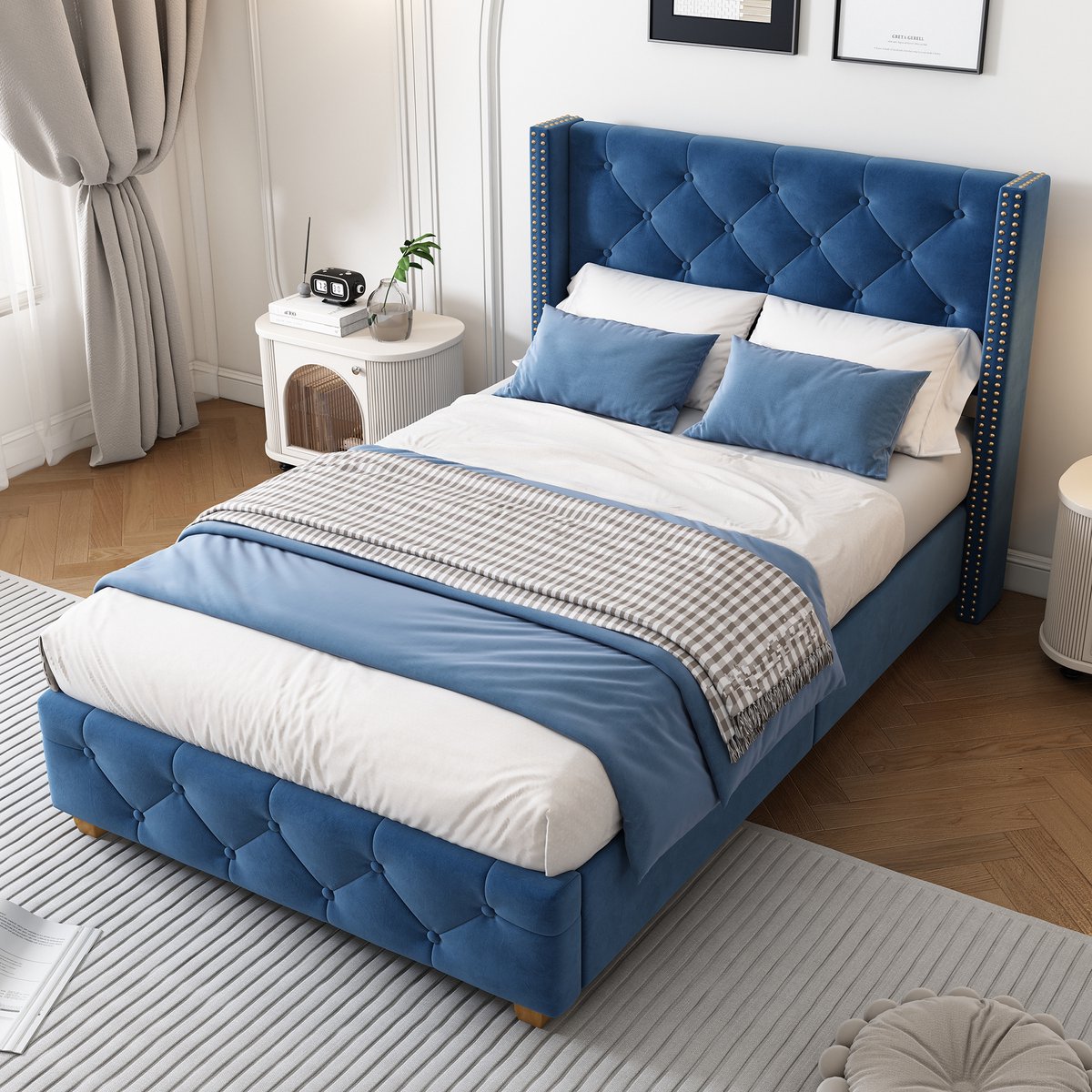 Knoopgepolsterd bed 90x200 cm met lattenbodem, kopstuk, knooppolstering, noppolstering, houten poten, fluweel, blauw