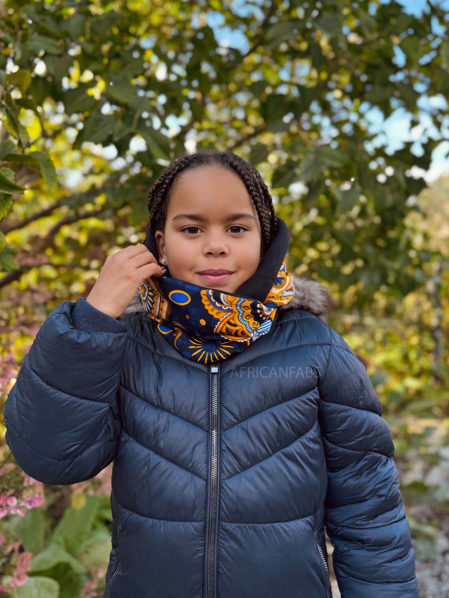Warme Winter Colsjaal voor Kinderen met Afrikaanse print Unisex - Donkerblauw Geel Paisley - Winter sjaal / Fleece sjaal / Afrika print