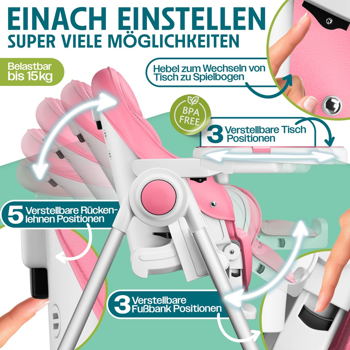 KIDIZ® 3in1 kinderstoel incl. speelbar, Eetstoel, Babystoel, combinatie kinderstoel, 7 in hoogte verstelbare rugleuning, meegroei van 0 maanden tot 6 jaar - Roze thumbnail 5