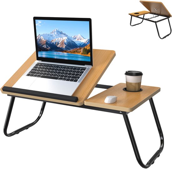 Houten laptoptafel met zwarte poten, bekerhouder, computermuis en laptop. Inclusief kleine afbeelding van zijaanzicht.