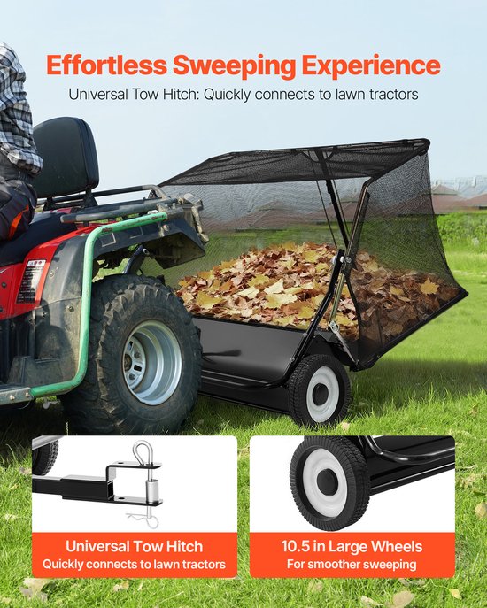 121.9 cm Trekachter Grasmaaiers Veegmachine, 0.736 m³ Hopper Tas, Instelbare Hoogte, Blad en Gras Verzamelaar Met Dump Touw, Ideaal voor Grassen en Tuinen — afbeelding 3