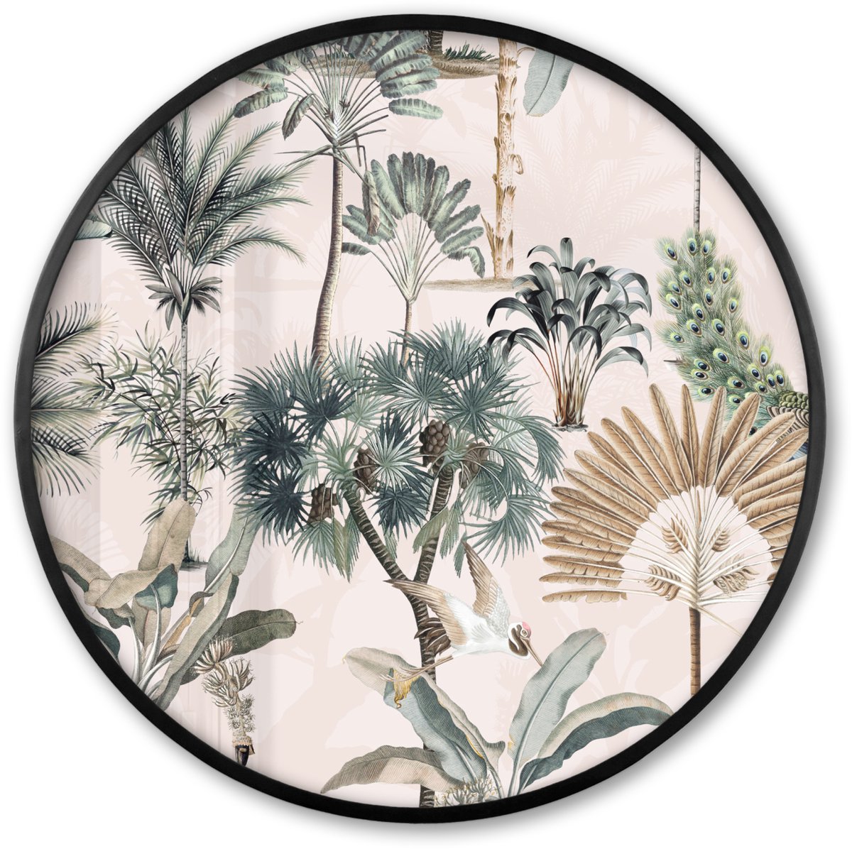 FrameYourWall Poster in lijst Rond - Fotolijst 60x60 cm - Posters - Vintage - Jungle - Dieren - Natuur - Ronde posterlijst zwart - Decoratie - Wanddecoratie woonkamer - Muurdecoratie slaapkamer Multicolor