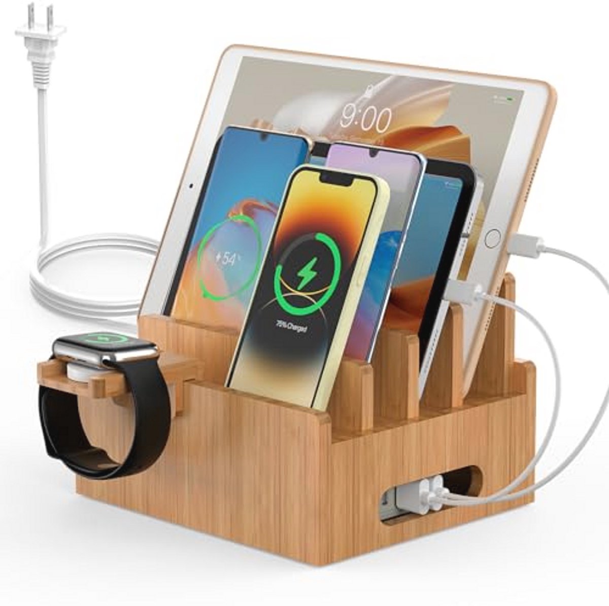 Bamboe Oplaadstation voor Meerdere Apparaten met 5-poorts USB-oplader en Kabels