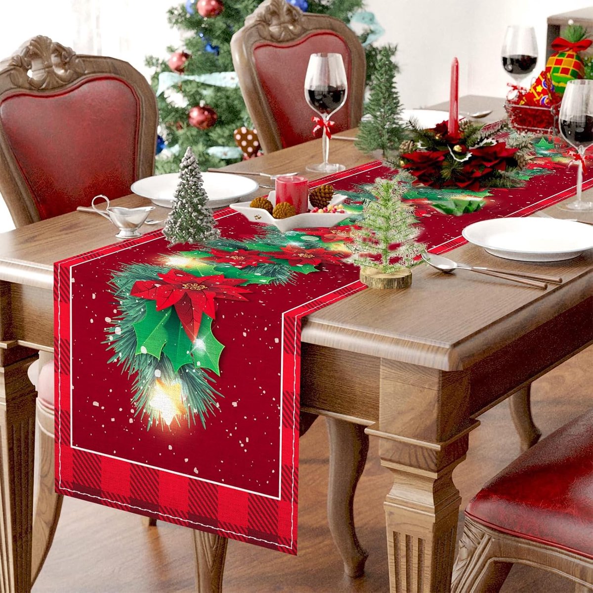 Kerst tafelkleed - Kerst tafelloper - kerstdecoratie voor binnen - kersttafelloper - tafelkleed - kerstdecoratie woonkamer - kerstdecoratie tafel - kerst decoratie - Rood - Kerst tafelkleden - 33*183cm – foto 2