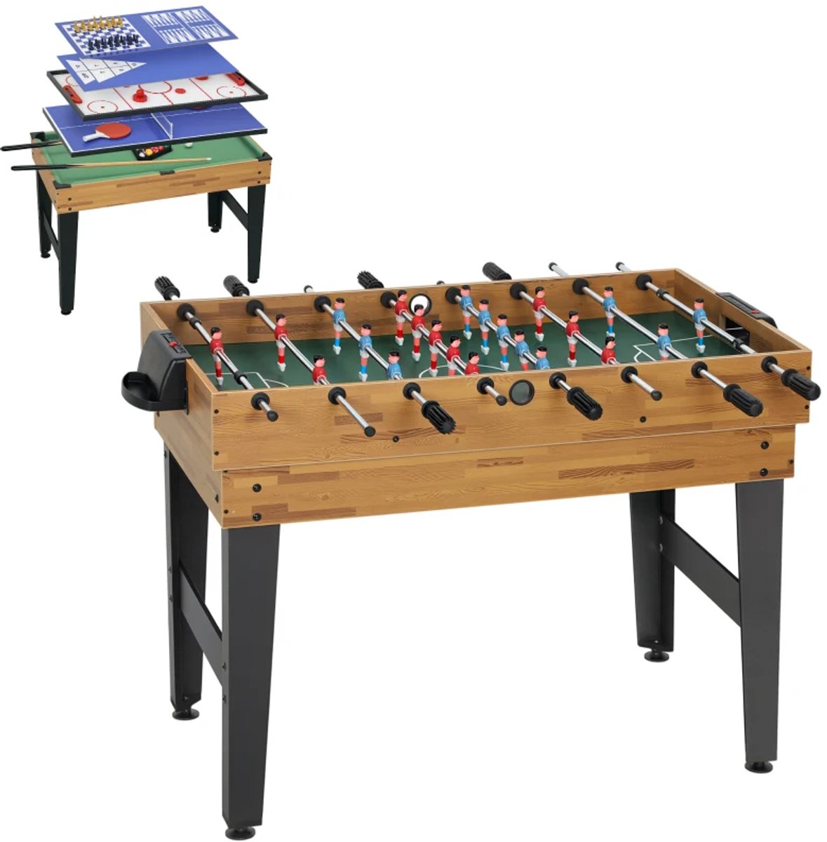 13 in 1 Partyspeltafel - Voetbaltafel - Inclusief Tafelvoetbal, Tafeltennis, Biljart, Tafelhockey, Schaken en meer - Tafelvoetbalspel - Tafel Voetbal - 121 x 109 x 80 cm - Speltafel - Compact - Naturel + Zwart