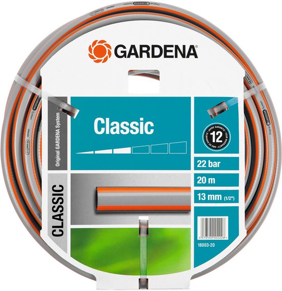 GARDENA Classic tuinslang, 20 meter, 13 mm doorsnee, met grijze en oranje strepen.