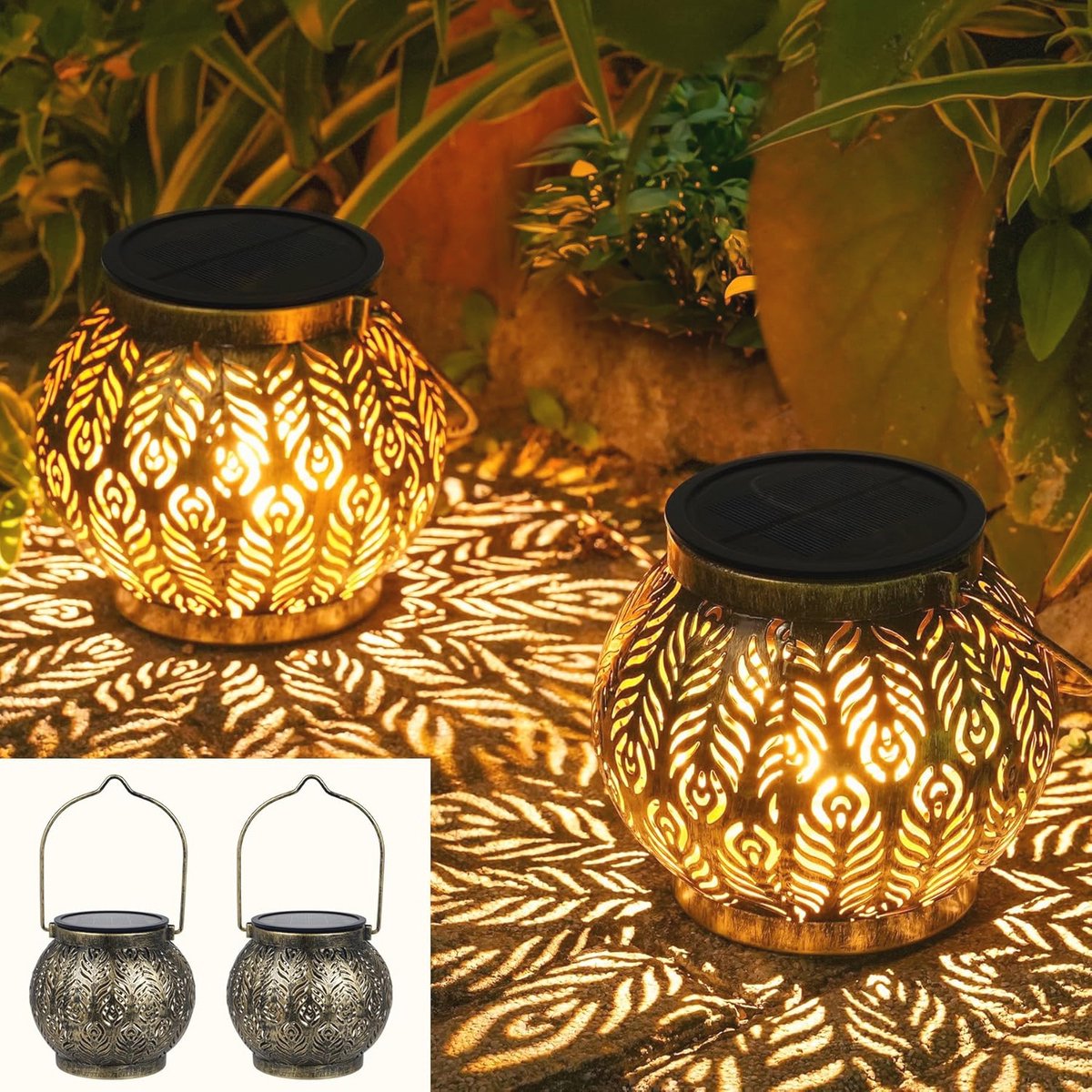 Zonne-energie Lantaarns - 2 Stuks Hanglampen voor Buiten | Vintage LED Tuin Verlichting