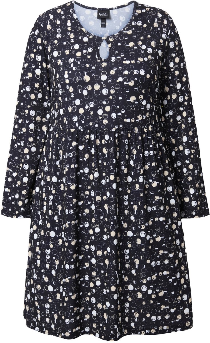 Ulla Popken Dames - Jersey jurk stippen A-lijn ronde hals lange mouw - Zwart - Maat 58+