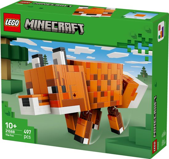 Boîte du set LEGO Minecraft Le Renard, montrant le renard dans un environnement boisé et le texte 'LEGO MINECRAFT 10+ 21588 497 pcs The Fox'.