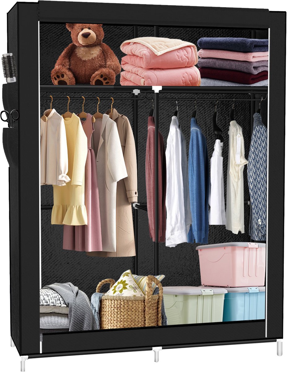 PIPIPOXER-Opvouwbare kledingkast met kledingstang, stoffen kledingkast, 108*45*170cm, zwart