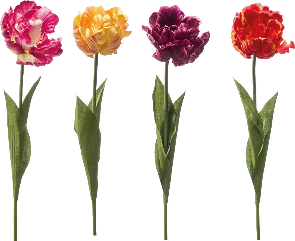 Emerald Kunstbloem Tulp Paris 66cm - Set van 4 - Kunstplant voor binnen Zachtroze, Geel/Peach, Donkerpaars & Oranje - Set van 4