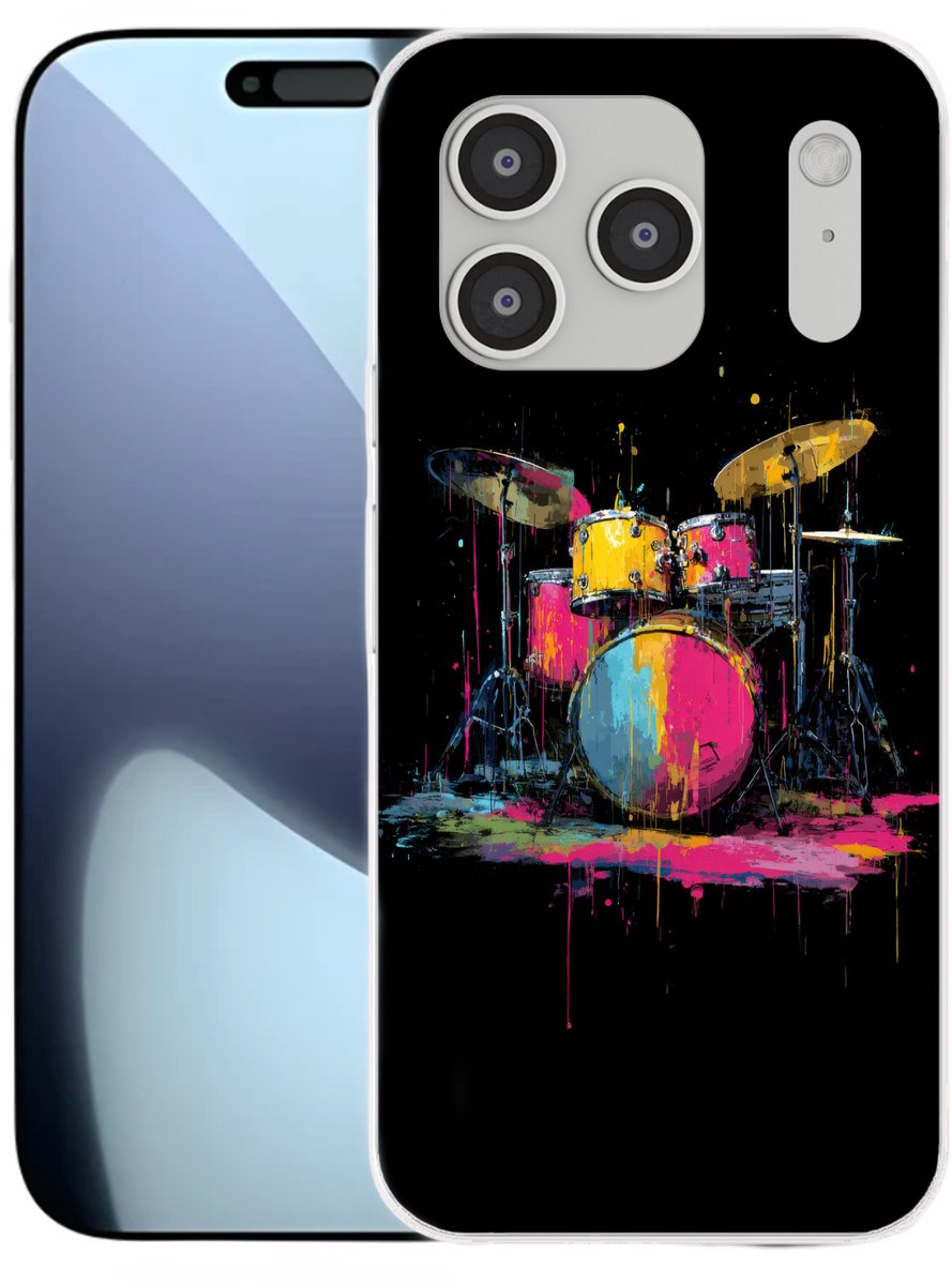 Telefoonhoesje Geschikt voor iPhone 17 Pro hoesje - Drumstel - Kleurrijk - Verf - Levendig - Siliconen Telefoonhoesje Telefoonhoesje