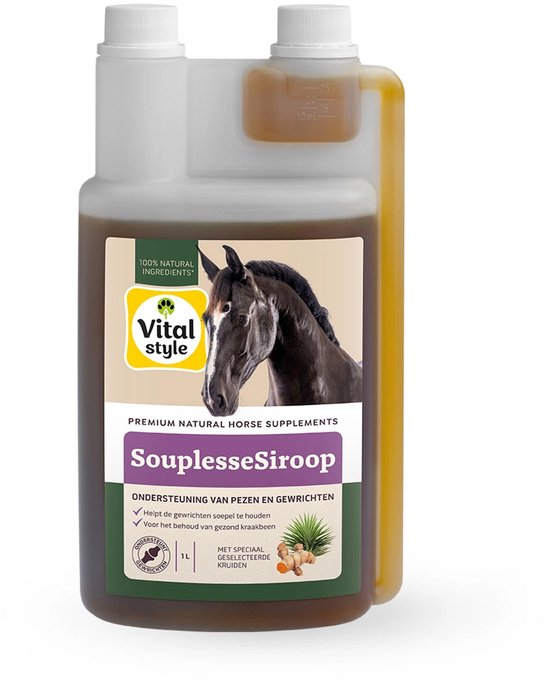 VITALstyle Souplessesiroop - Paarden Supplement - Krachtige Formule Voor Pezen, Banden & Gewrichten - Met o.a. Glucosamine & Hyaluronzuur - 1 L VITALstyle Souplessesiroop - Paarden Supplement - Krachtige Formule Voor Pezen, Banden & Gewrichten - Met o.a. Glucosamine & Hyaluronzuur - 1 L