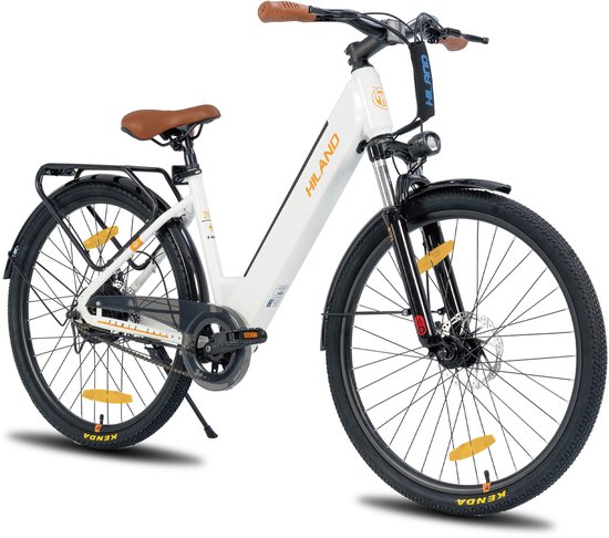 Hiland 26 Inch Elektrische Fiets (E-Bike) voor Dames & Heren - 36V 7.8Ah Batterij - 250W Motor - Comfortabele Step-Through Frame - Voorwielvering - Wit - Geschikt voor buitenactiviteiten in de lente