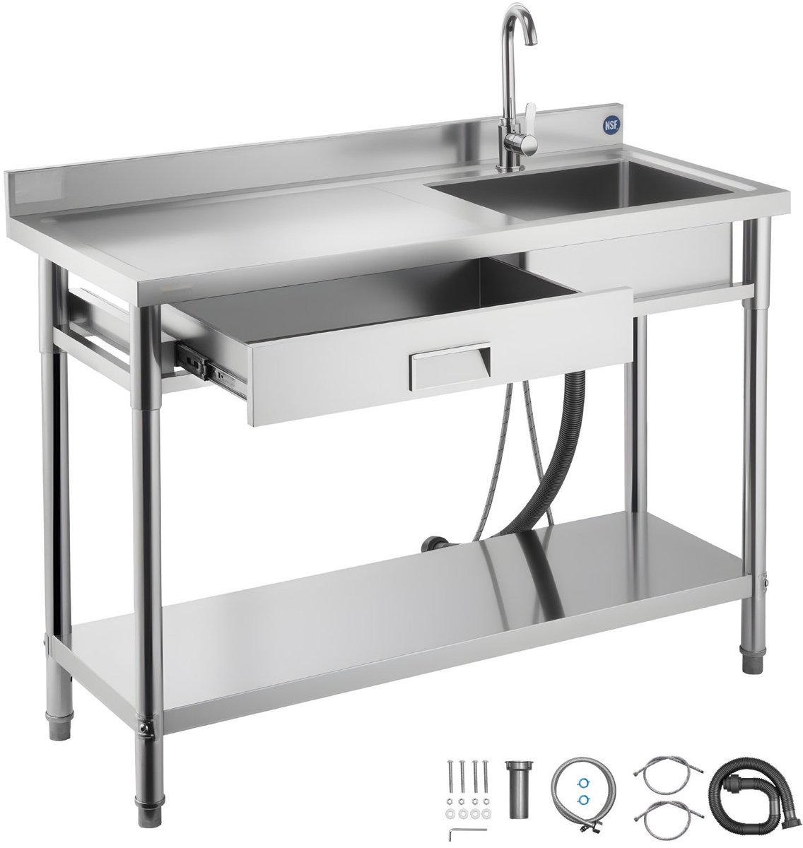 RVS Spoelbak - Vrijstaande Horeca Spoeltafel - 120 x 50 x 94 cm - Enkele Kom - Met Kraan - Met Lade - Werkblad Links