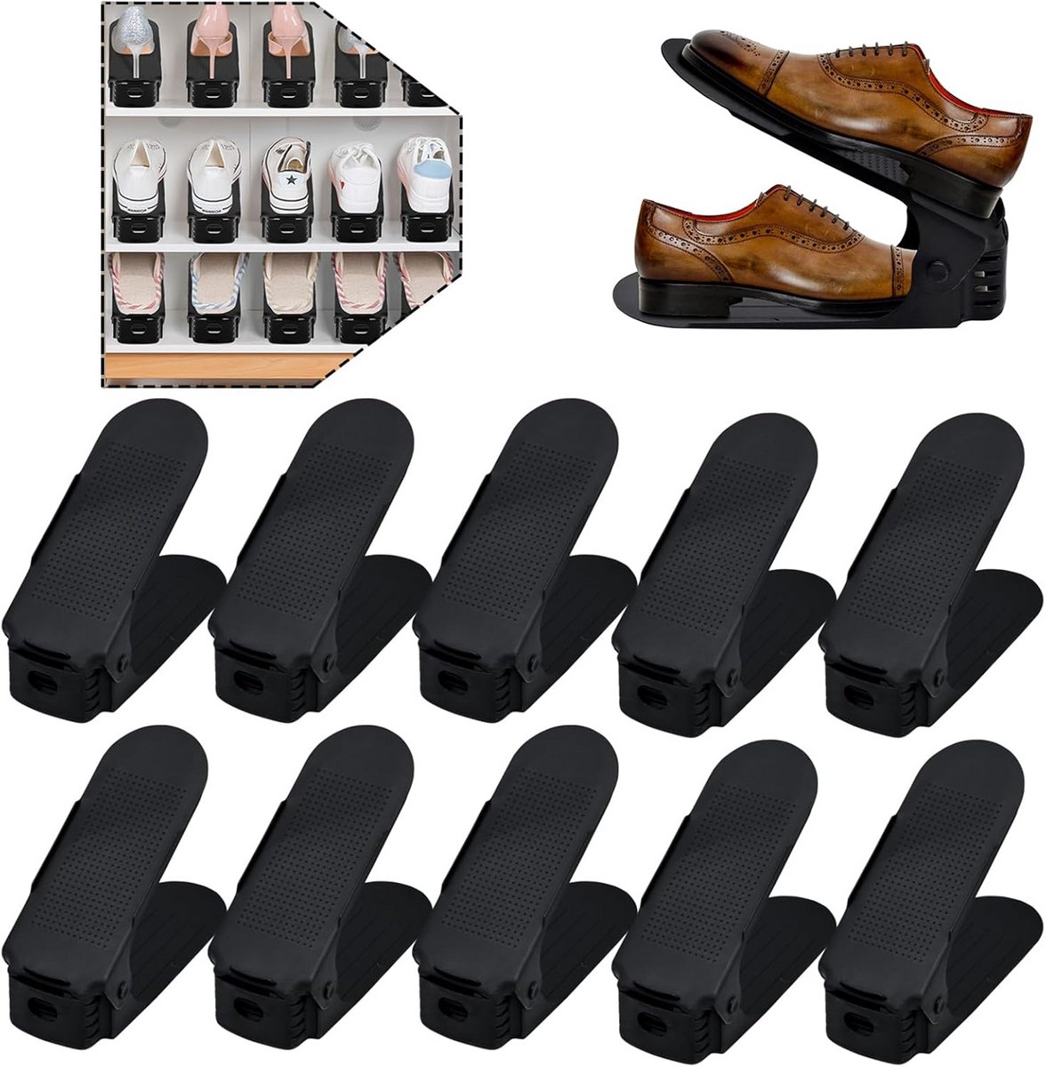 10x Verstelbare Schoenenrekken - Ruimtebesparende Schoenenstapelaar Antislip - 3 Hoogtes