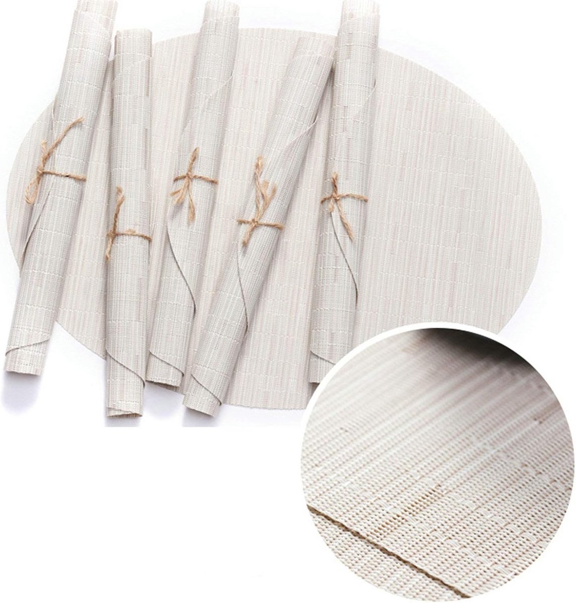 Set van 4 Ovale Placemats - Tafelmatten Vinyl PVC met Geweven Patroon - 45x32 cm - Beige