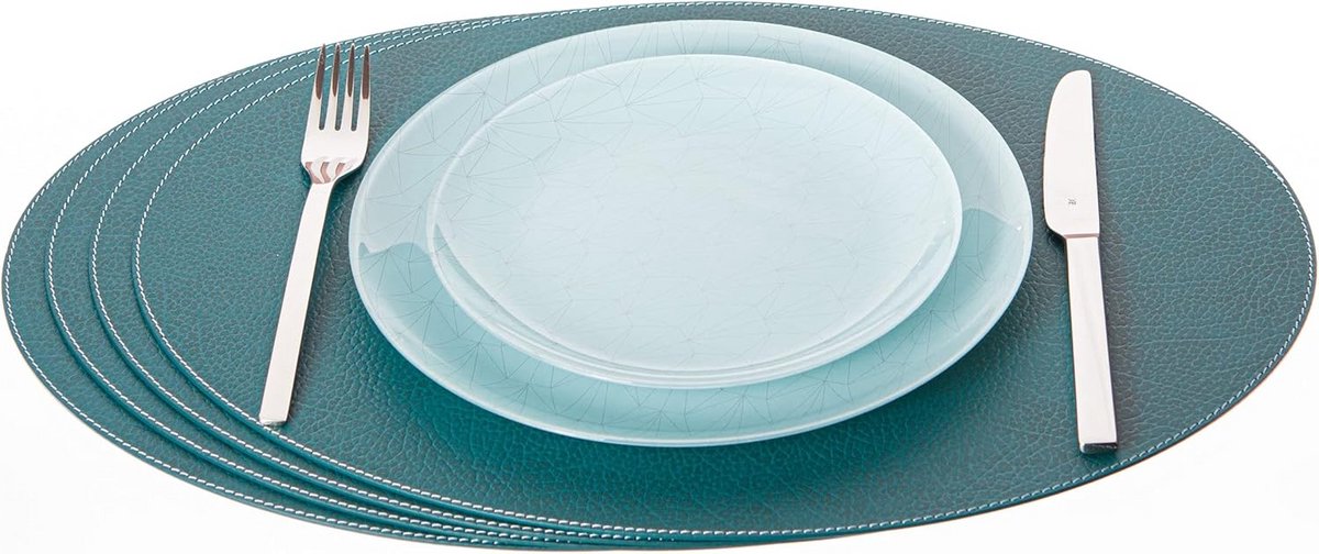 Set van 4 Ovale Placemats van Gerecycled Leer - Tafelmatten 45.7 x 33 cm (Petroleumgroen)