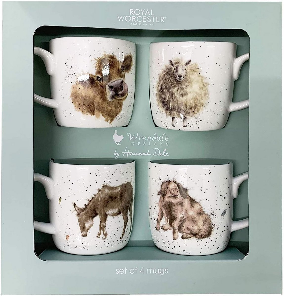 Set van 4 Porseleinen Mokken met Dierenillustraties - Vaatwasserbestendig