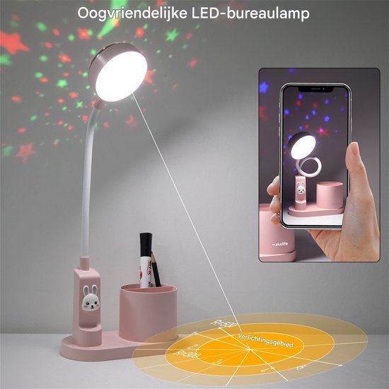 longziming -Kinderbureau Lamp met Sterrenprojector - LED Oogvriendelijk Licht - 3 Helderheidsstanden - 2000mAh Accu - USB-C Oplaadbaar - Pennenhouder - Flexibele Zwanenhals - Nachtlampje voor Kinderkamer van Longziming — afbeelding 4