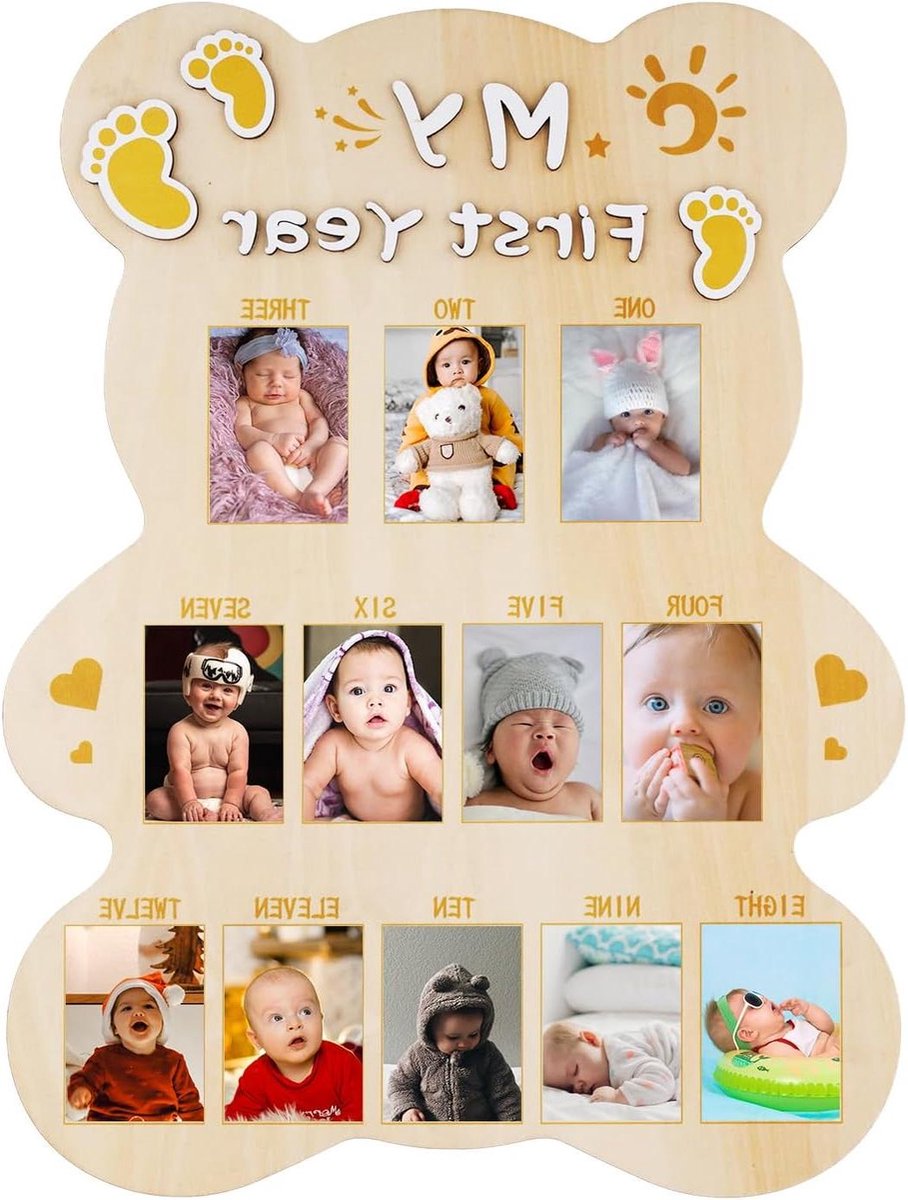 Allecta - Houten Baby Fotolijst voor Baby's Eerste Jaar - Personaliseerbaar - Babykamer Decoratie