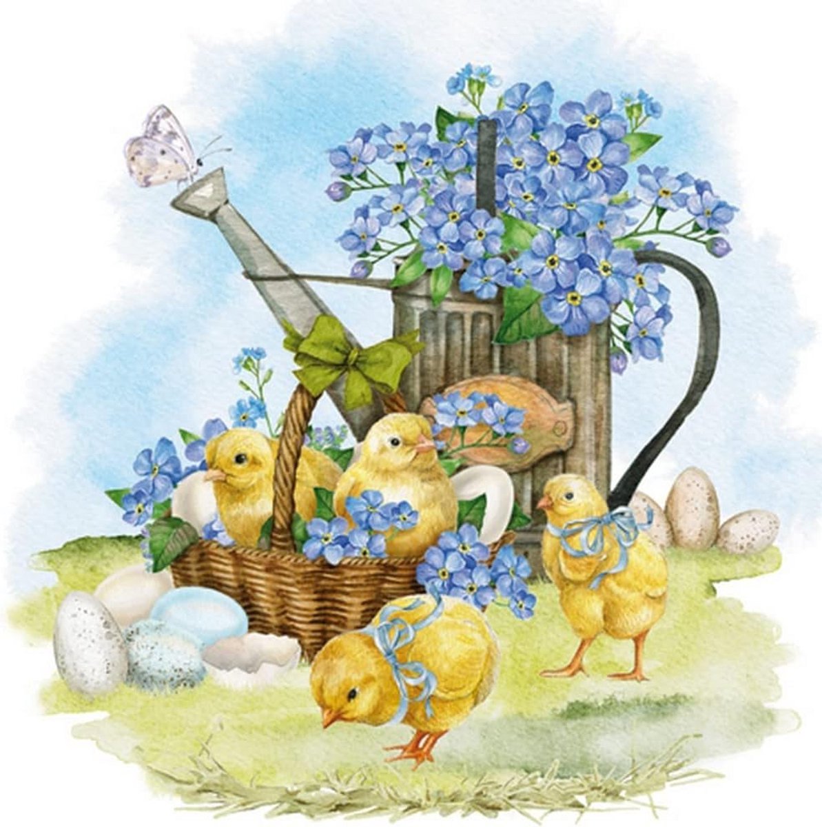 20 Papieren Servetten met Kuikens en Vergeet-me-nietjes - Lente en Pasen Tafeldecoratie