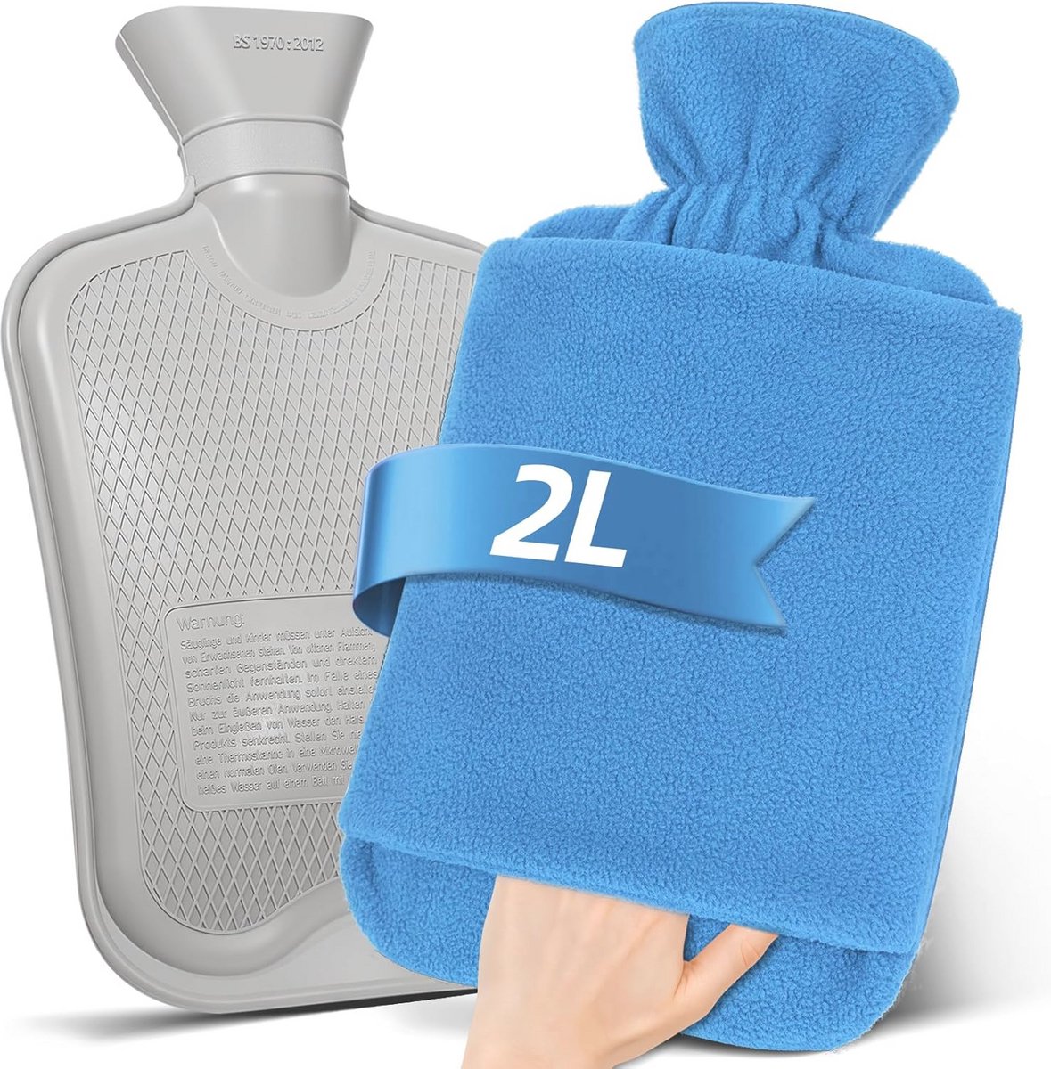 Warmwaterkruik met fleece-overtrek - 2 liter, grote lekvrije bedfles voor kinderen en volwassenen - Zachte warmwaterzak met kangoeroezak