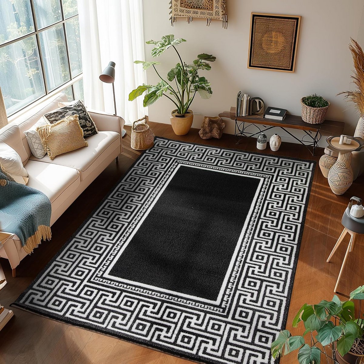 Modern Laagpolig Vloerkleed Zwart Meander Design - Geschikt voor Woonkamer - 160x230 cm
