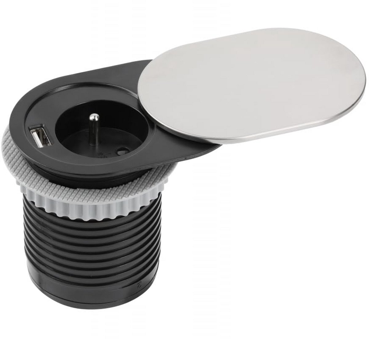 Inbouwtafelstopcontact met Schuko en USB Aansluiting - RVS - Kabel 1.9m