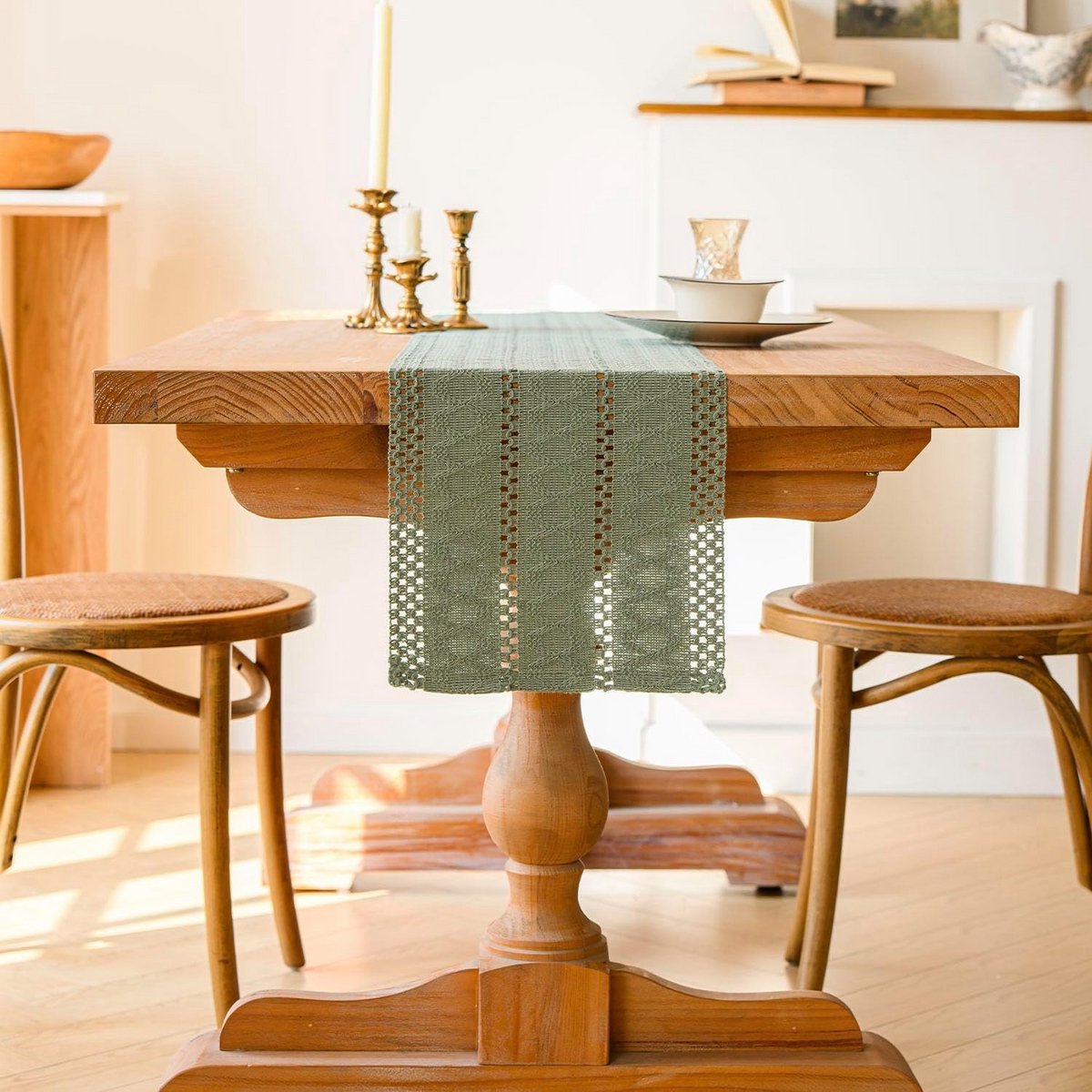 Boho Rustieke Tafelloper Saliegroen Katoen en Linnen 30 x 140 cm