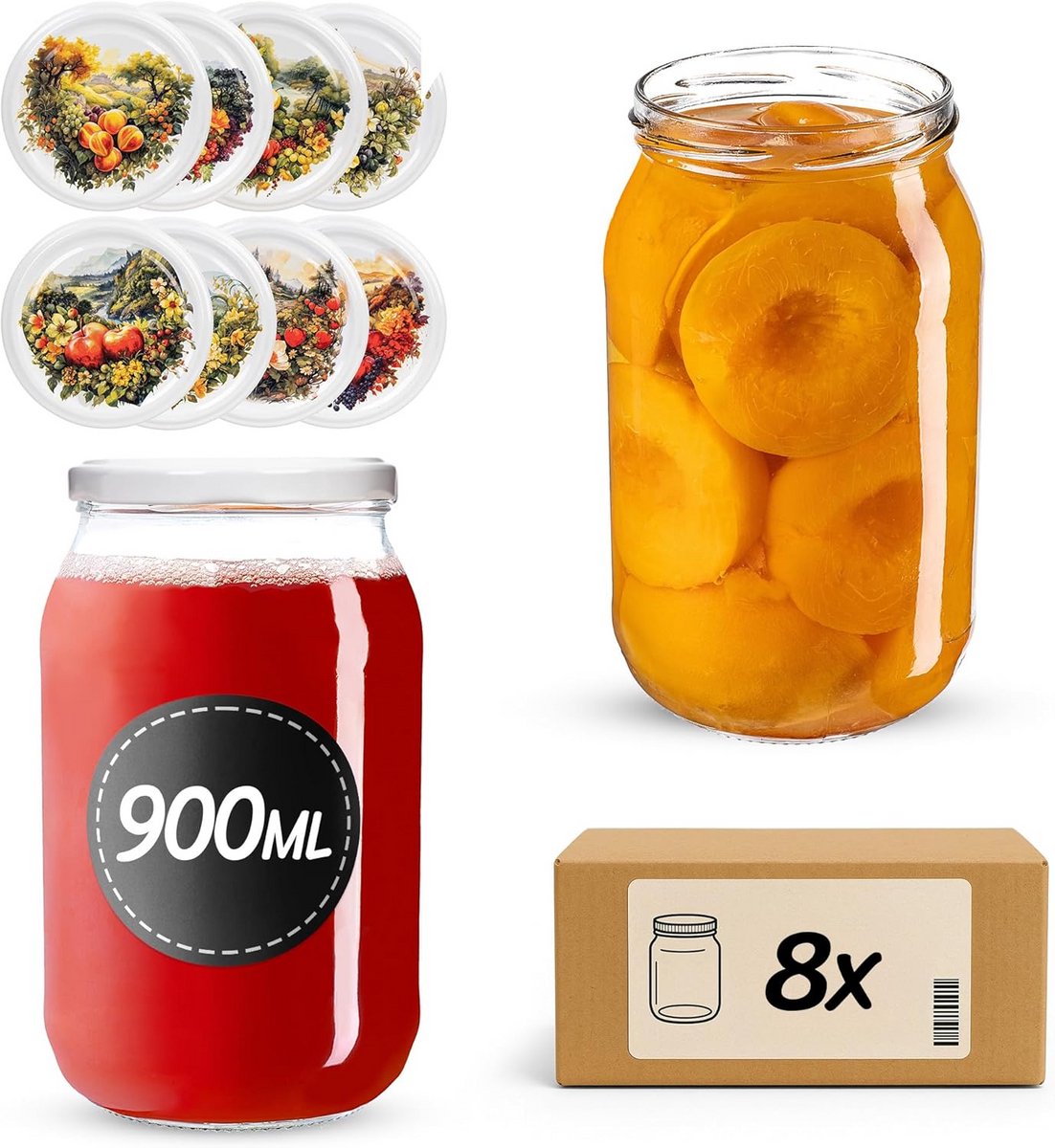 Set van 8 Sterke Glazen Potten met Schroefdeksel (900 ml) voor Bewaren en Inleggen