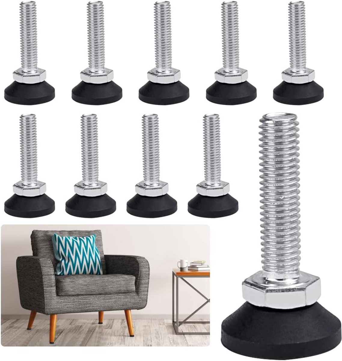 10x Verstelbare Nivelleringspoten M10x40mm voor Zware Meubels