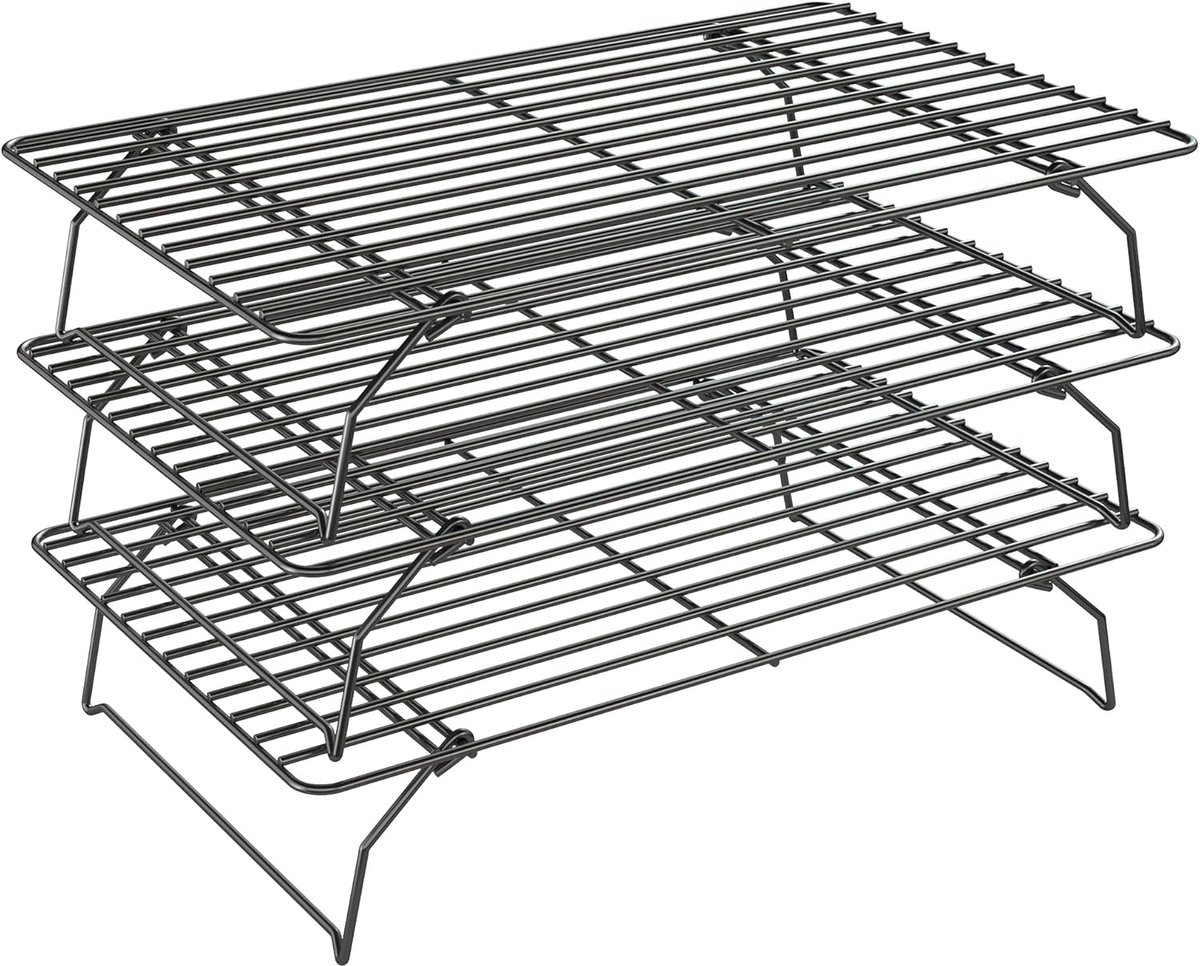 Stapelbaar drielaags koelrek voor grote hoeveelheden afgekoelde koekjes, pizza's en taarten - 40 x 25 cm - Stevig en duurzaam voor koken en bakken, oven- en vaatwasserbestendig - Zwart