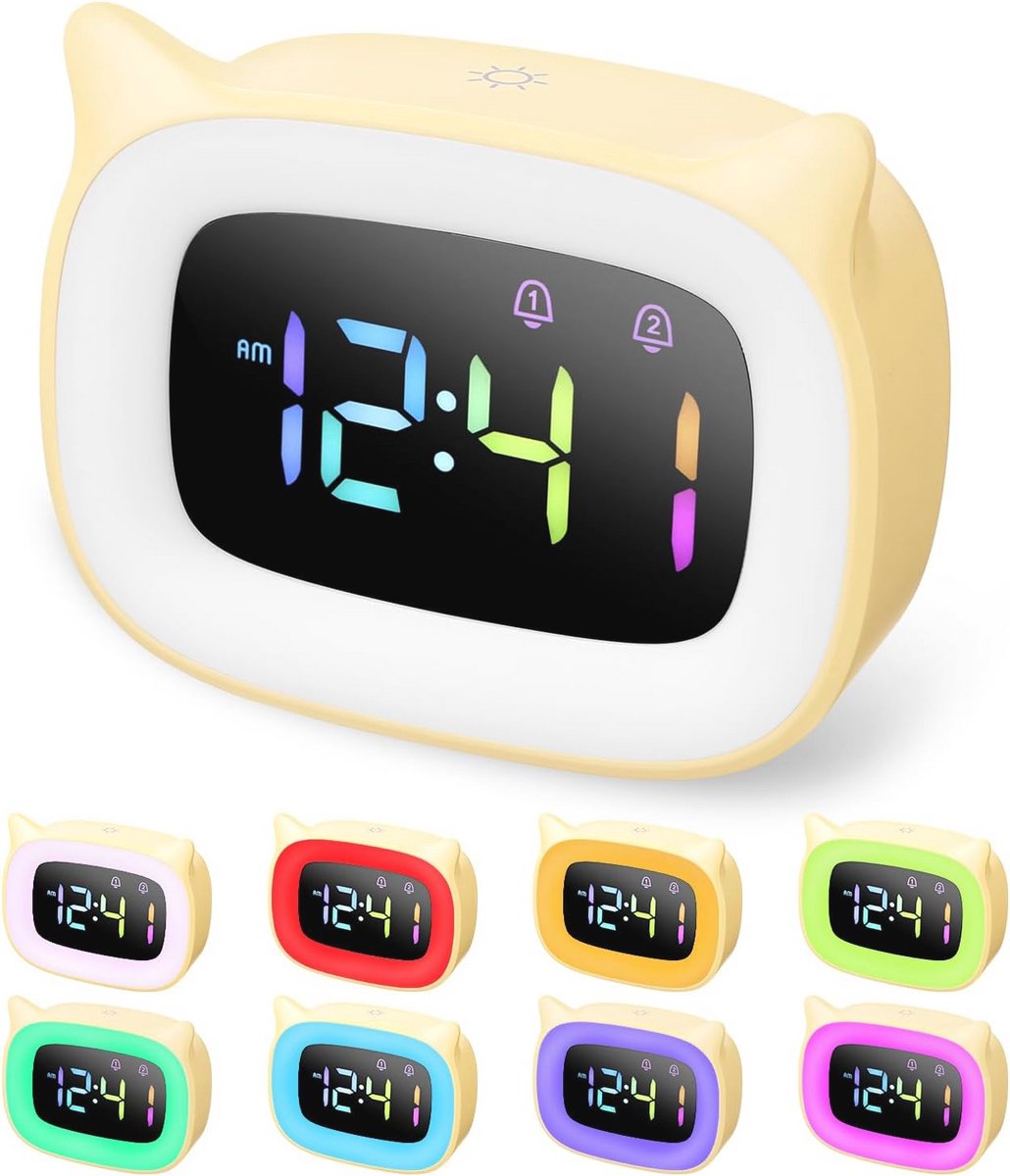Witte LED Kinderwekker met Verstelbare Helderheid en 18 Melodieën - Digitale Nachtwekker voor Kinderen met USB Oplaadpoort