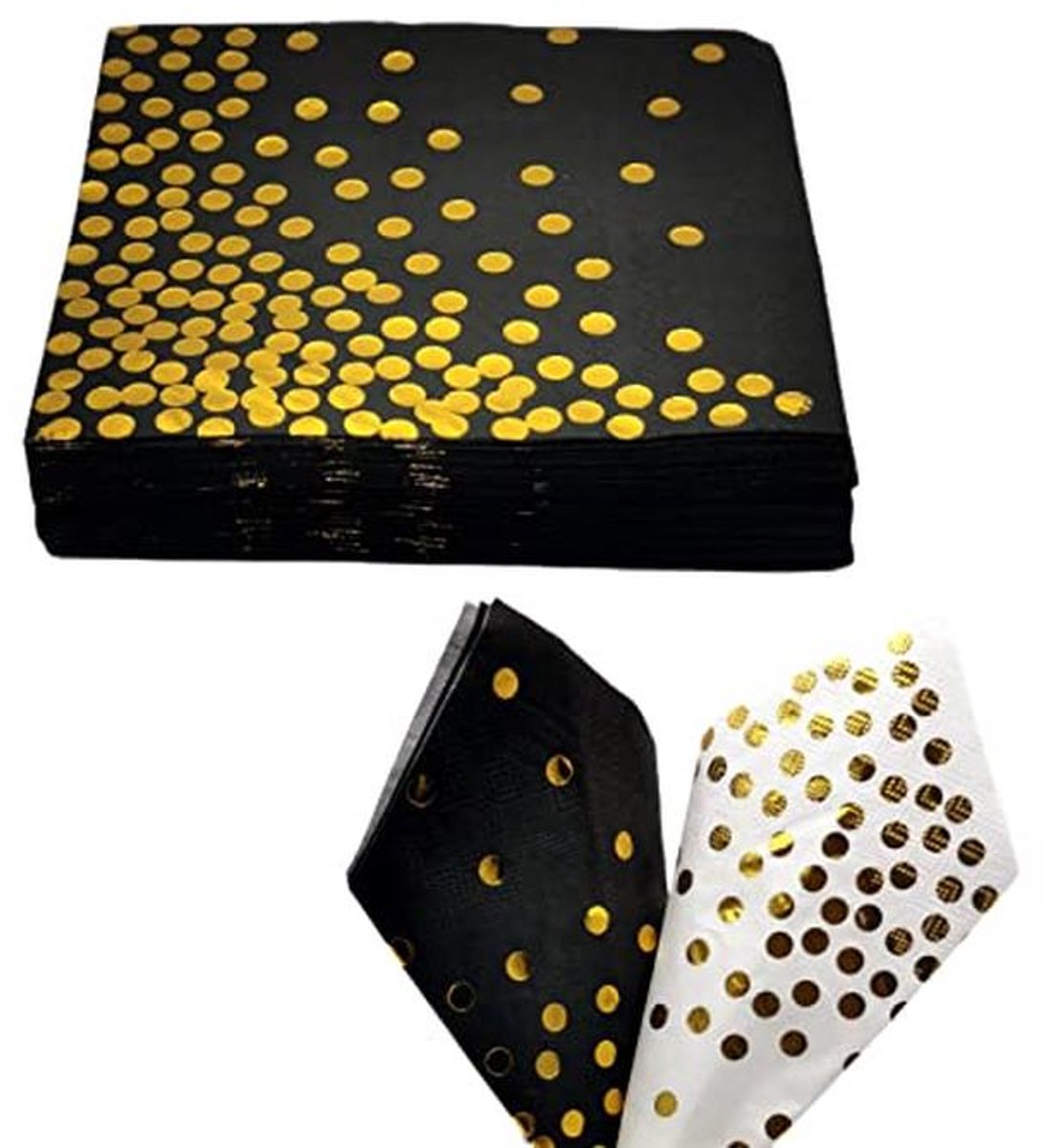 Zwart en Gouden Polka Dot Party Servetten - 50 Stuks 33x33CM