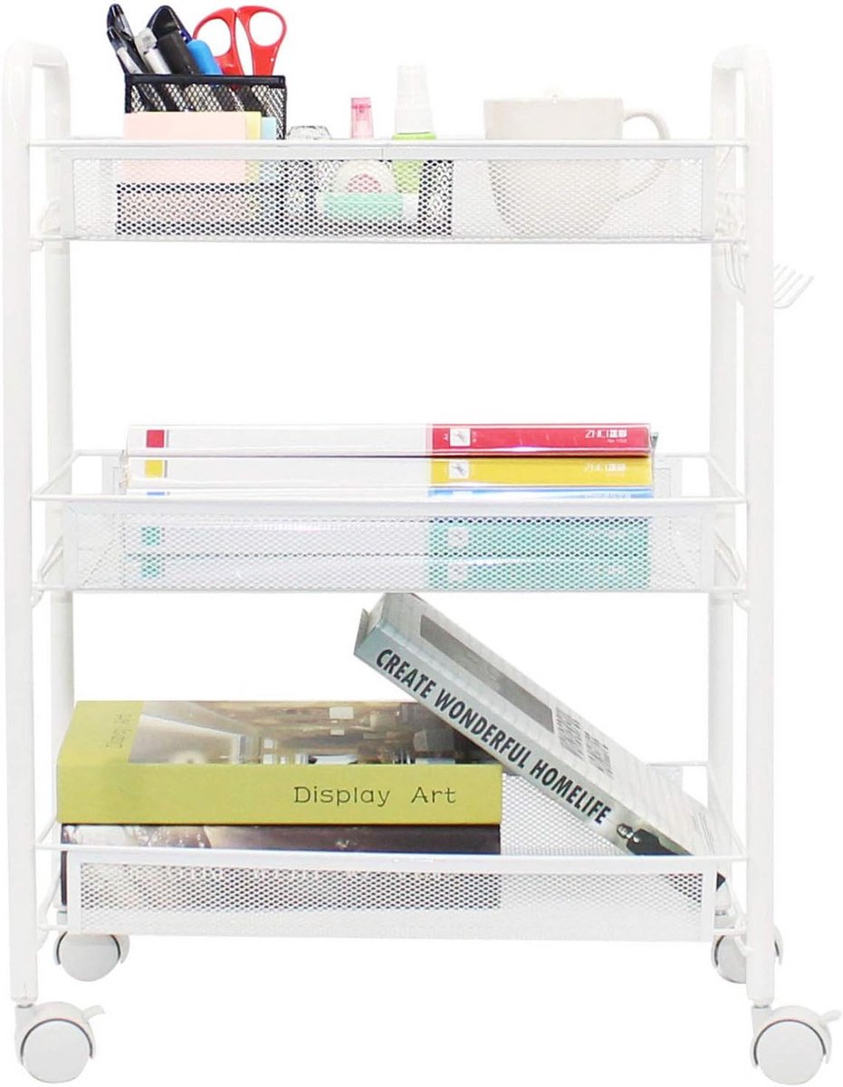 3-laags Metalen Opbergkar met Wielen en Haken - Multifunctionele Utility Trolley