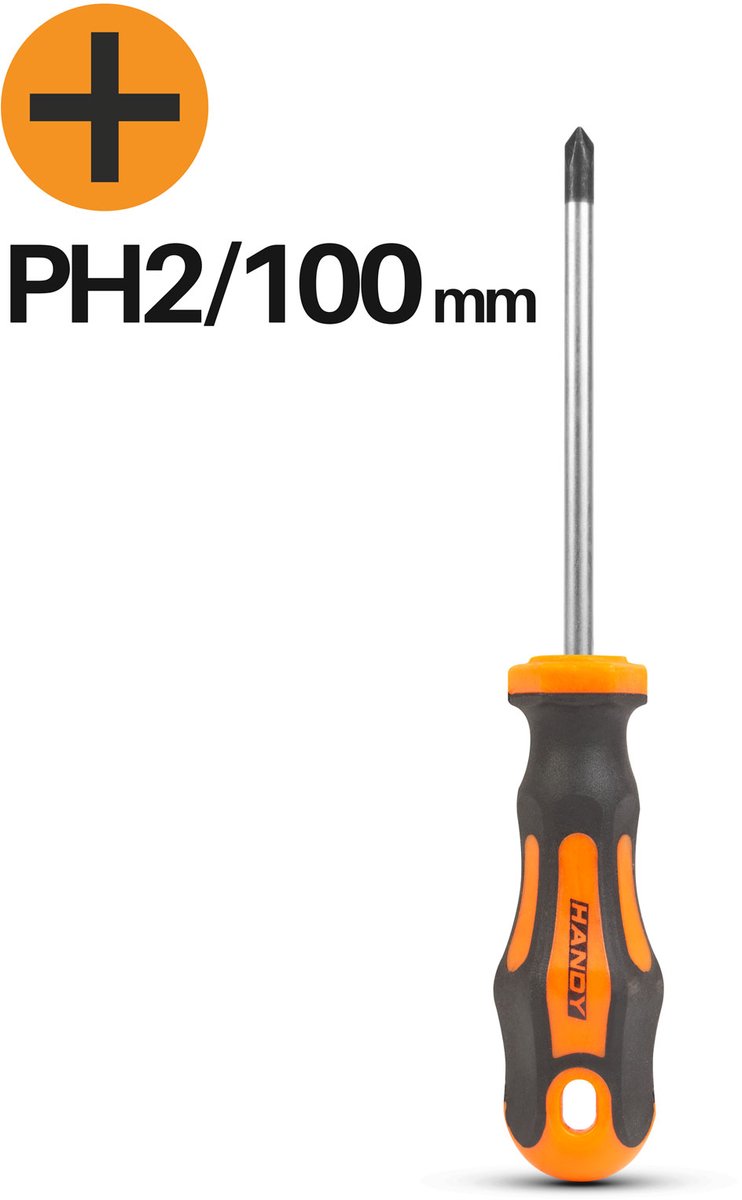 Kruiskopschroevendraaier PH2 – Phillips Schroevendraaier 100 mm – Chroom Vanadium Staal – Antislip Handgreep – Ophangoog [10526]