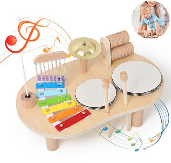 7-in-1 Montessori drumstel voor kinderen vanaf 3 jaar, houten muziekinstrumentenset met xylofoon en drum, sensorisch leerzaam speelgoed, cadeau voor jongens en meisjes
