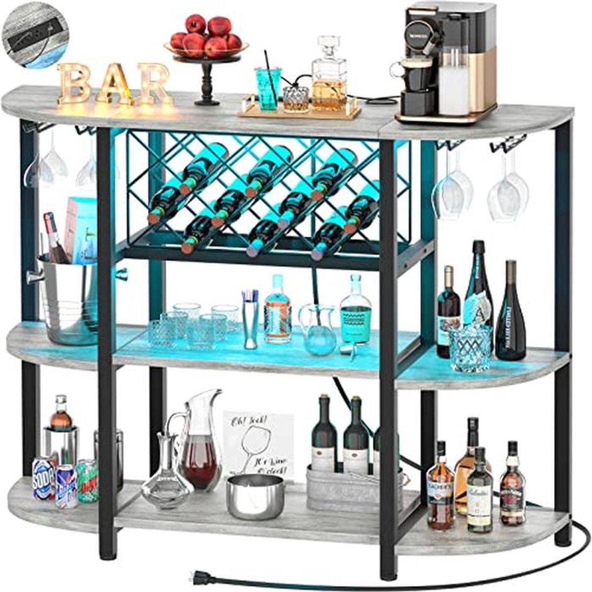 Metalen Bar Cabinet met 4 Niveaus en LED Verlichting - Vrijstaande Tafel voor Liqueur, Wijnrek en Keuken